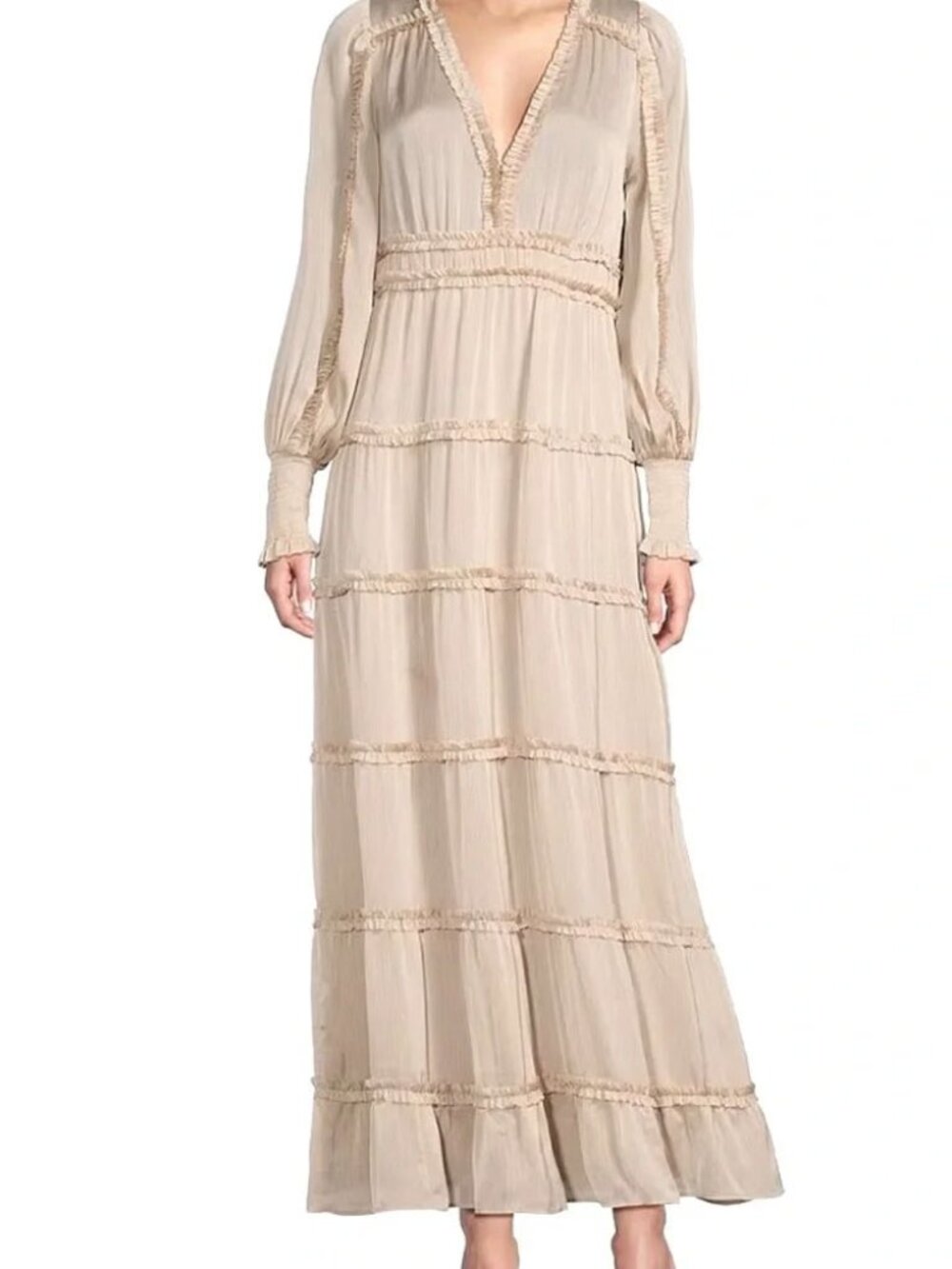 Chelsea & Violet Plisse Ruffled Tiered V Neck Maxi Dress